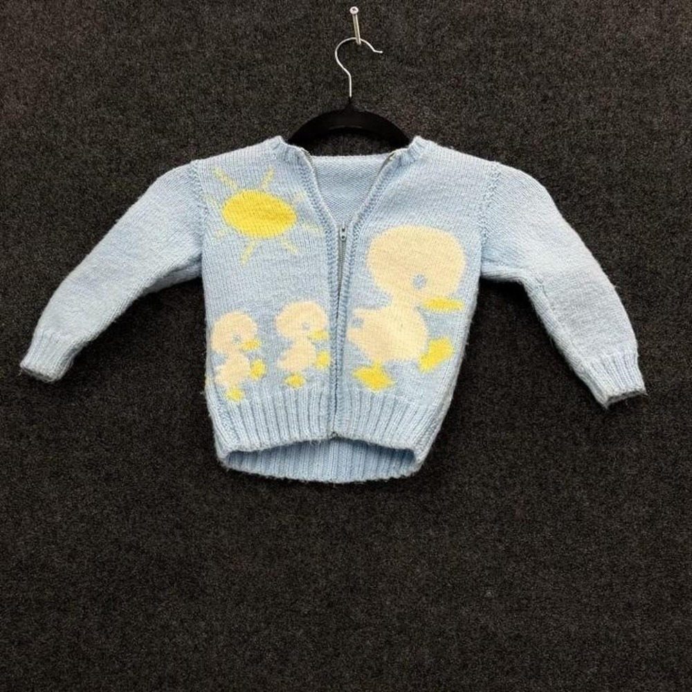 Vintage 1950s Cowichan Duck Knit Kids Zip Sweater Baby Blue Duckling RARE